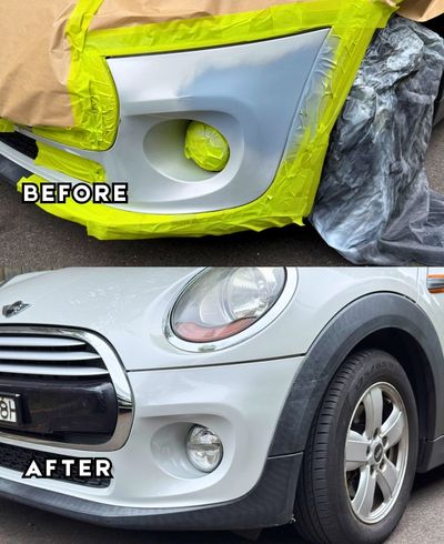 Mini Cooper car scratch repair for left corner bumper damage in Brontë